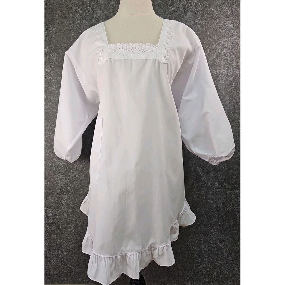 Long Sleeve Eyelet Smock, Square Neck, Ruffle Hem Apron, Tie Back, White